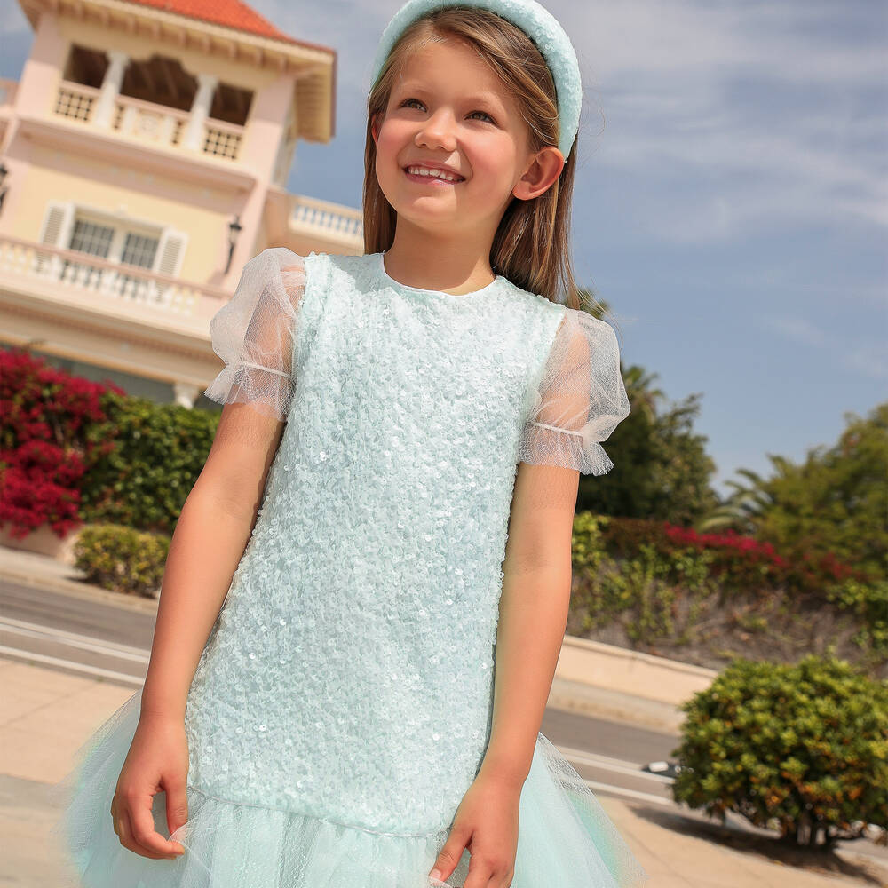 EIRENE-Girls Blue Sequin Tulle Dress | Childrensalon Outlet