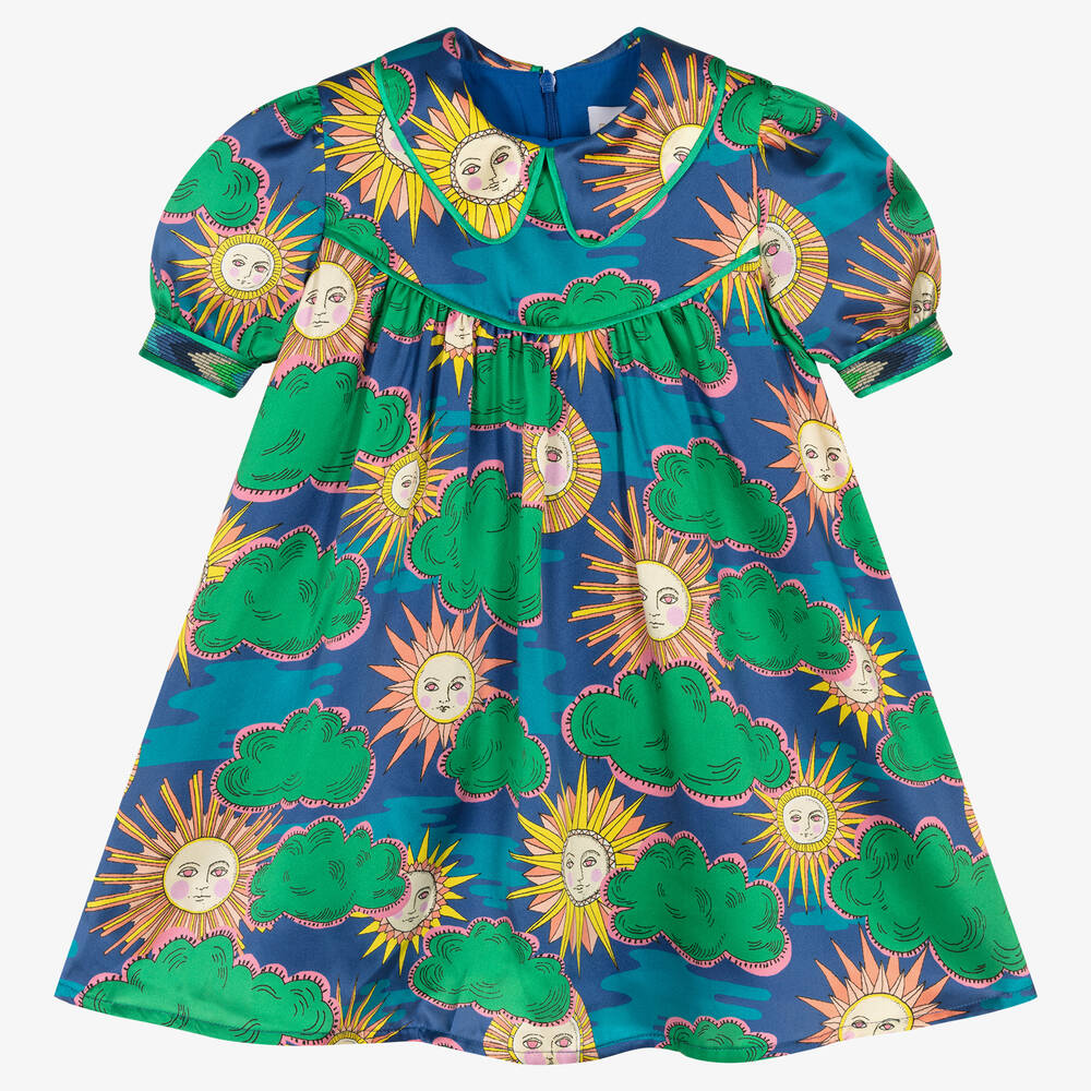 EIRENE - Голубое шелковое платье с солнцем и облаками | Childrensalon