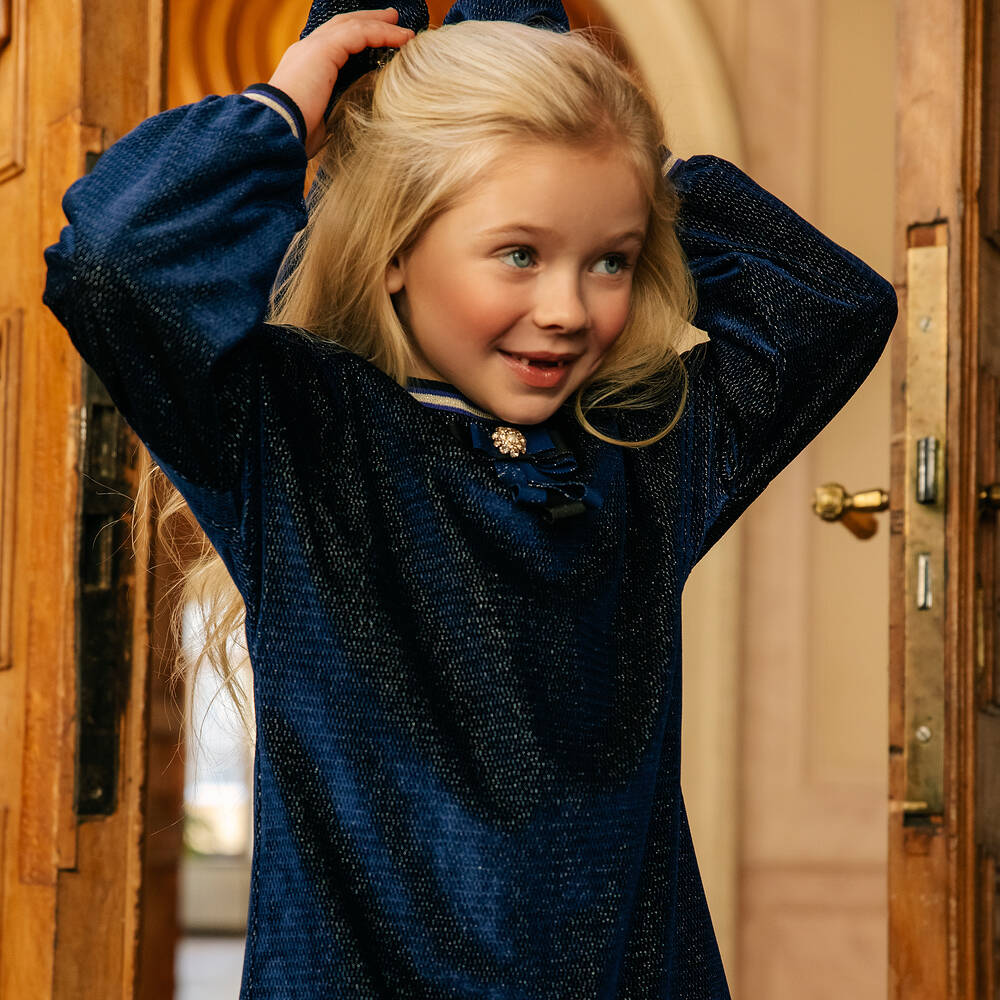 EIRENE-Girls Blue Velvet Dress | Childrensalon Outlet