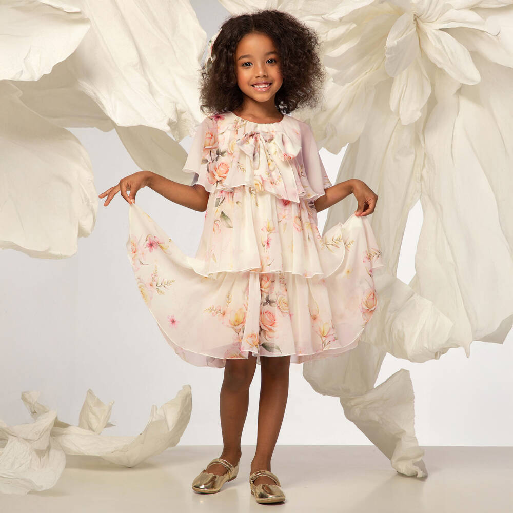 EIRENE-Girls Blush Pink Chiffon Layered Dress with Floral Print | Childrensalon Outlet