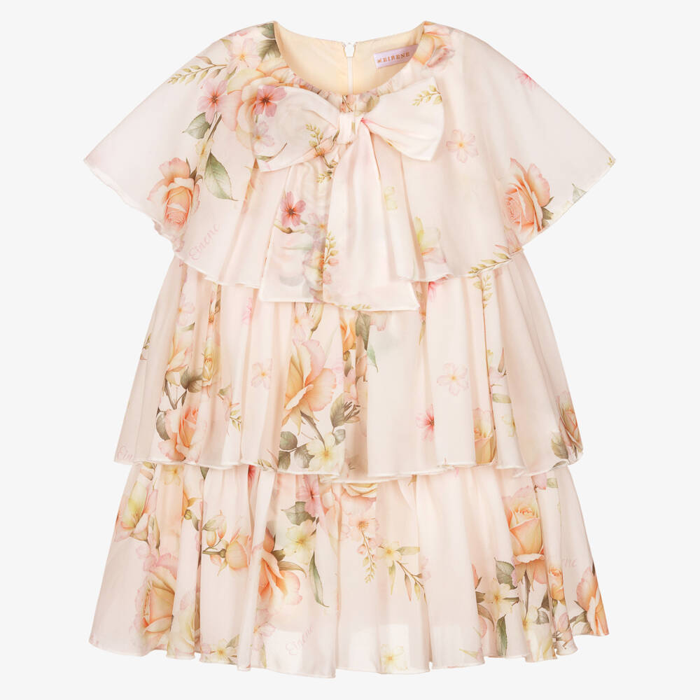 EIRENE-Girls Blush Pink Chiffon Layered Dress with Floral Print | Childrensalon Outlet