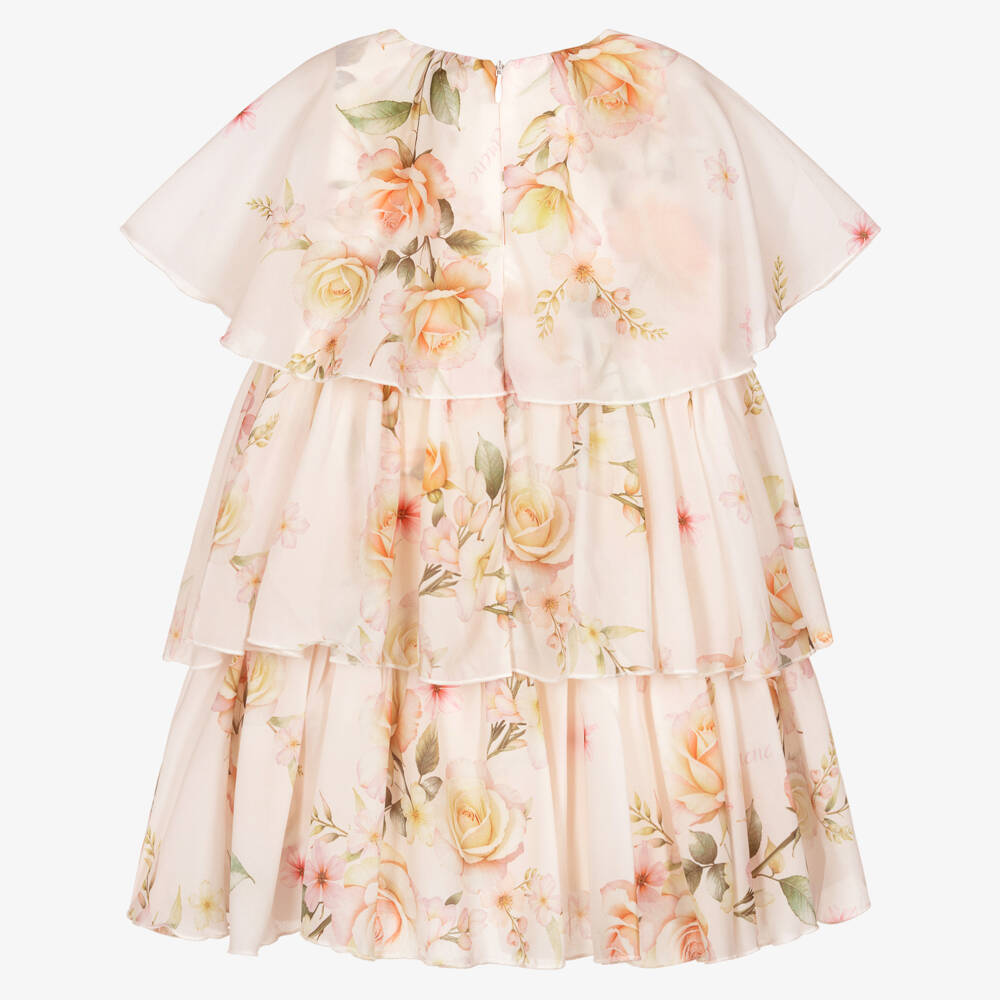 EIRENE-Girls Blush Pink Chiffon Layered Dress with Floral Print | Childrensalon Outlet