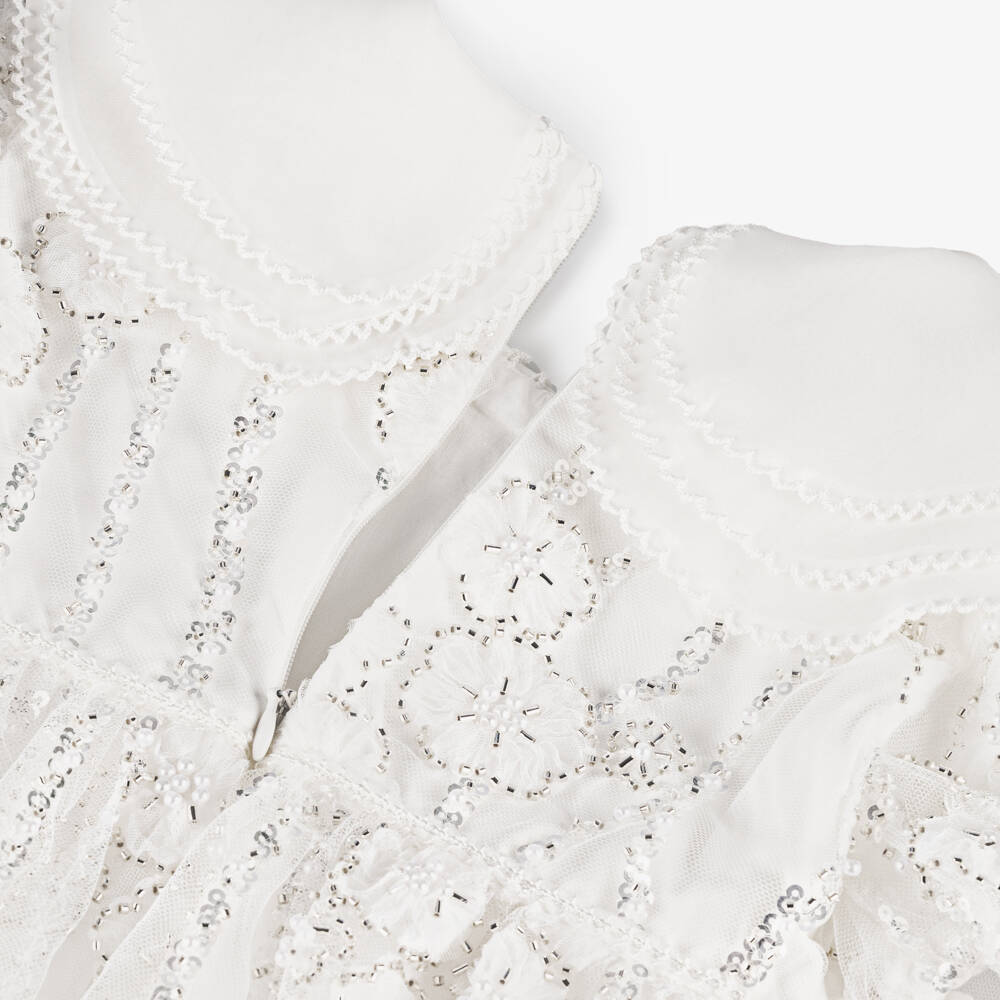 EIRENE-Girls Elegant White Beaded Collar Dress | Childrensalon Outlet