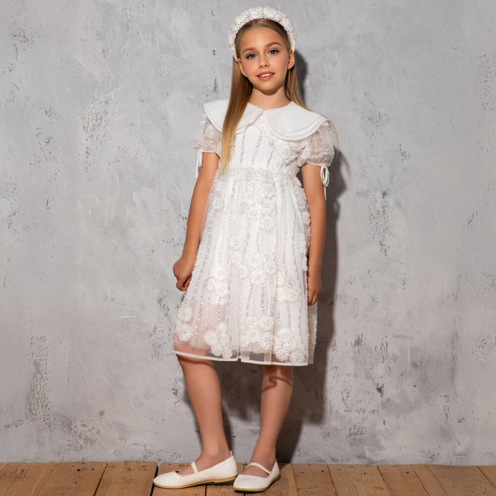 EIRENE-Girls Elegant White Beaded Collar Dress | Childrensalon Outlet