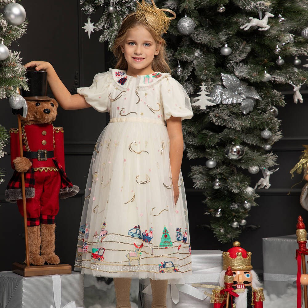 EIRENE-Girls Festive Ivory Sequin Dress | Childrensalon Outlet
