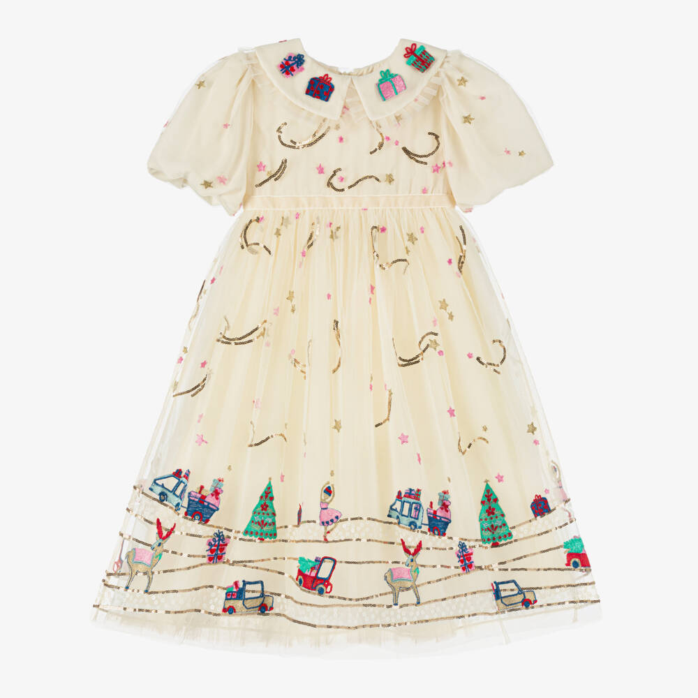 EIRENE-Girls Festive Ivory Sequin Dress | Childrensalon Outlet