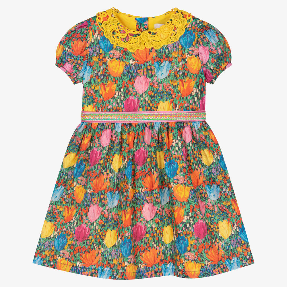 EIRENE - فستان مزين بياقة دانتيل قطن بطبعة ورود ملونة | Childrensalon