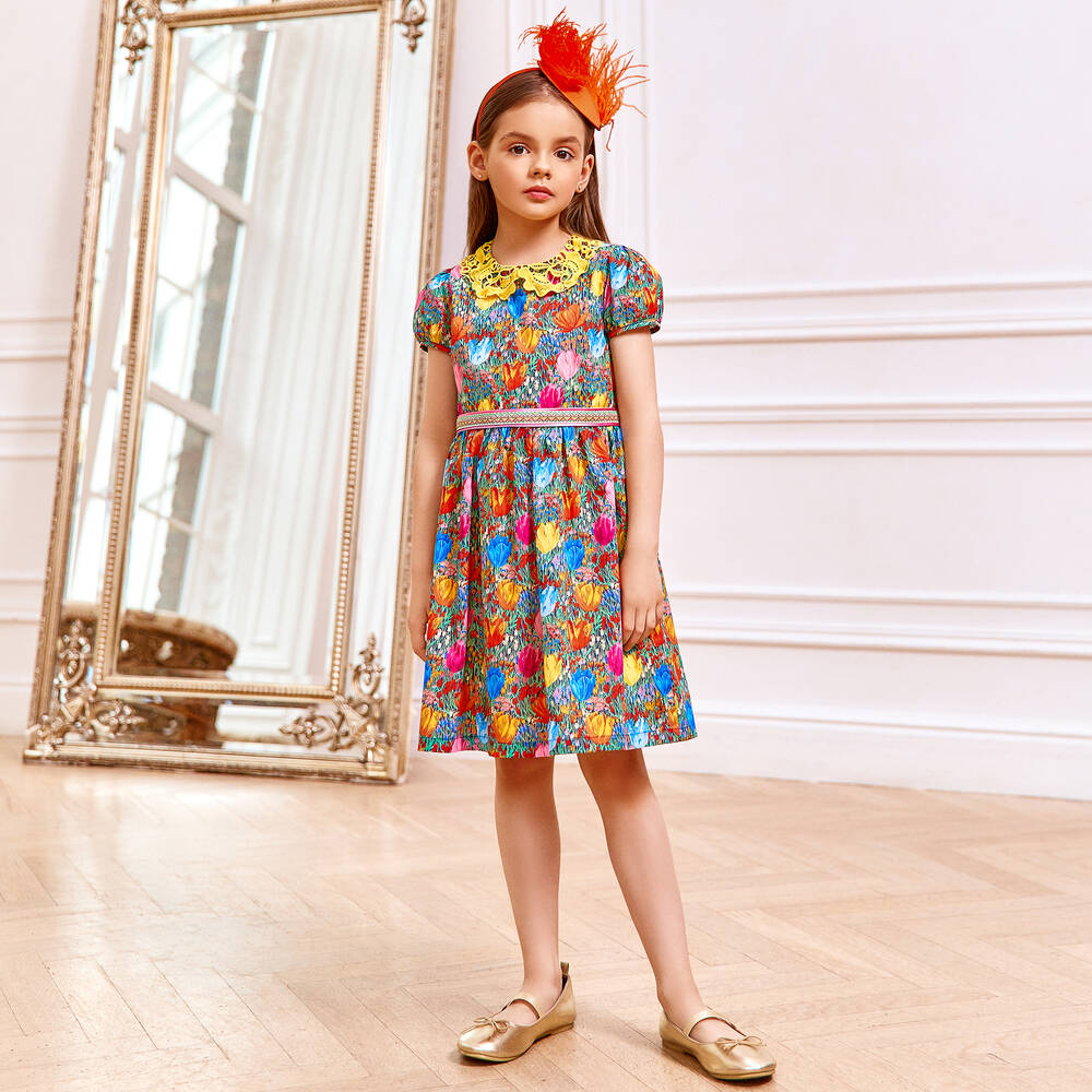 EIRENE-فستان مزين بياقة دانتيل قطن بطبعة ورود ملونة | Childrensalon Outlet