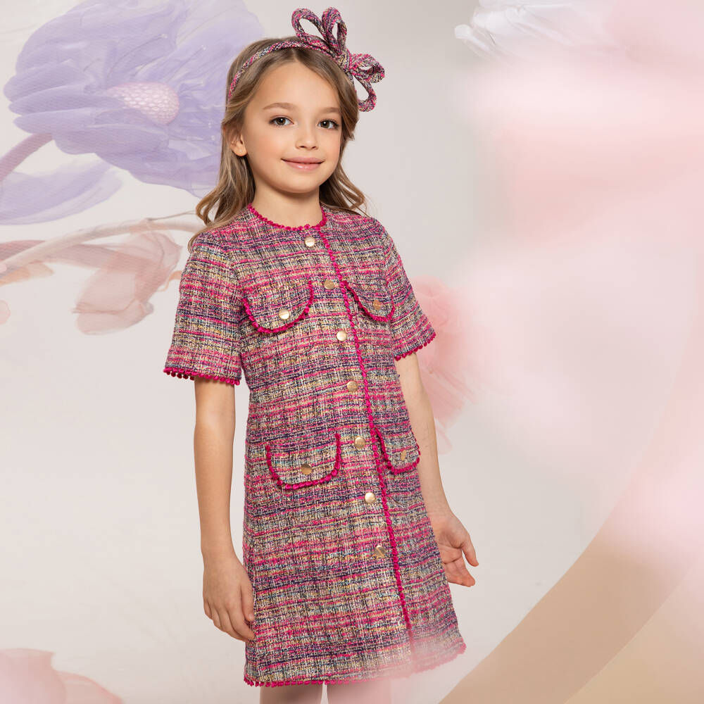 EIRENE-Girls Fuchsia Tweed Cotton Dress | Childrensalon Outlet