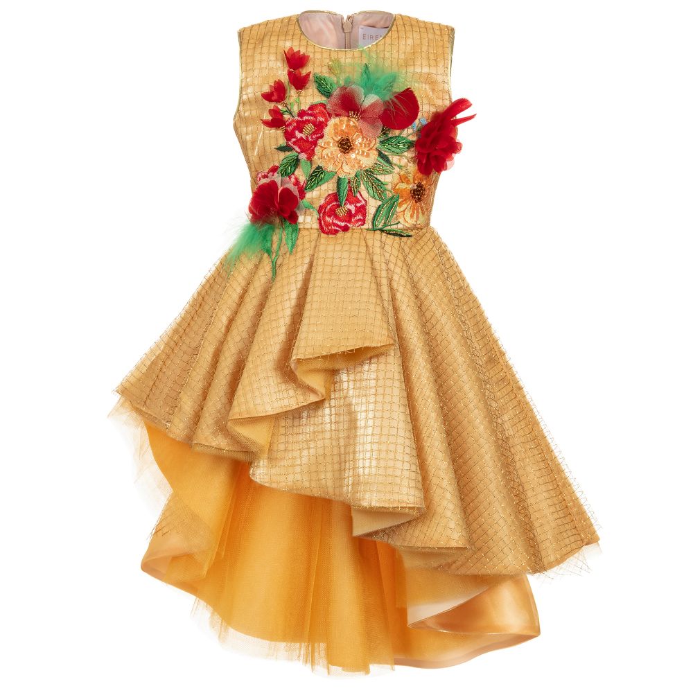 EIRENE - Girls Gold Satin Floral Dress  | Childrensalon