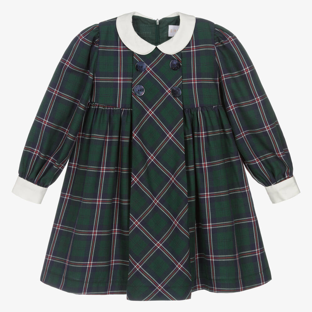 EIRENE - Girls Green & Navy Blue Tartan Dress  | Childrensalon