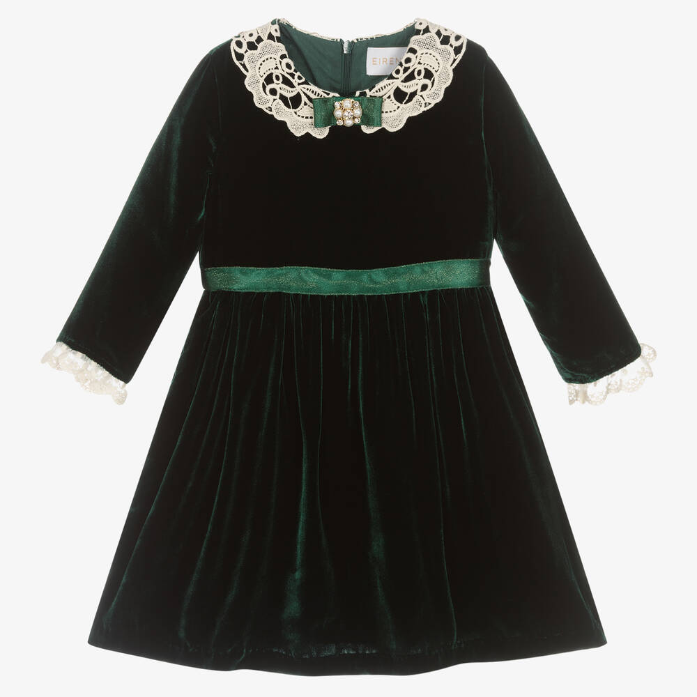EIRENE-Girls Green Silk Velvet Dress  | Childrensalon Outlet