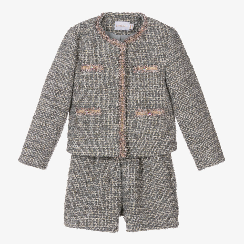 EIRENE - Girls Grey Sparkle Tweed Shorts Set | Childrensalon