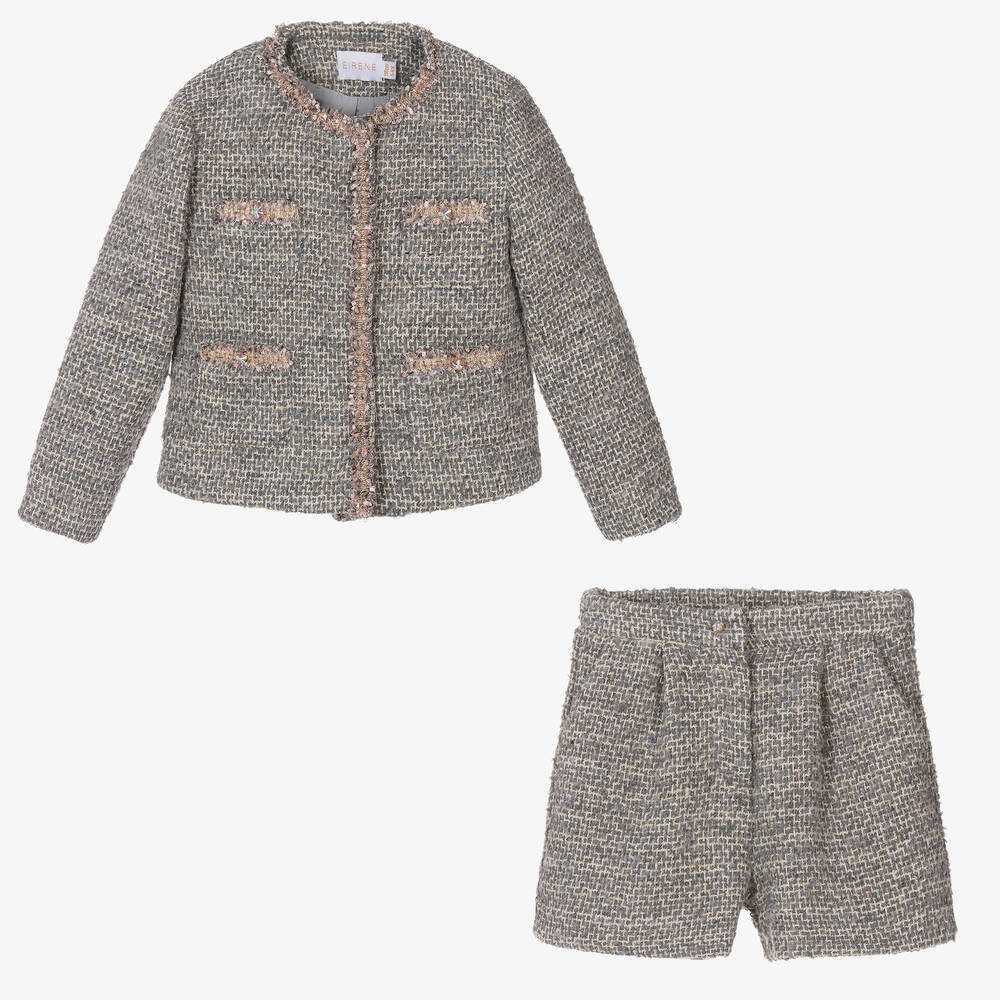 EIRENE-Girls Grey Sparkle Tweed Shorts Set | Childrensalon Outlet