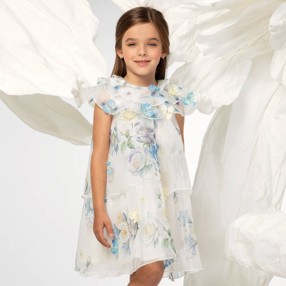 EIRENE-Girls Ivory & Blue Floral Print Organza Dress | Childrensalon Outlet