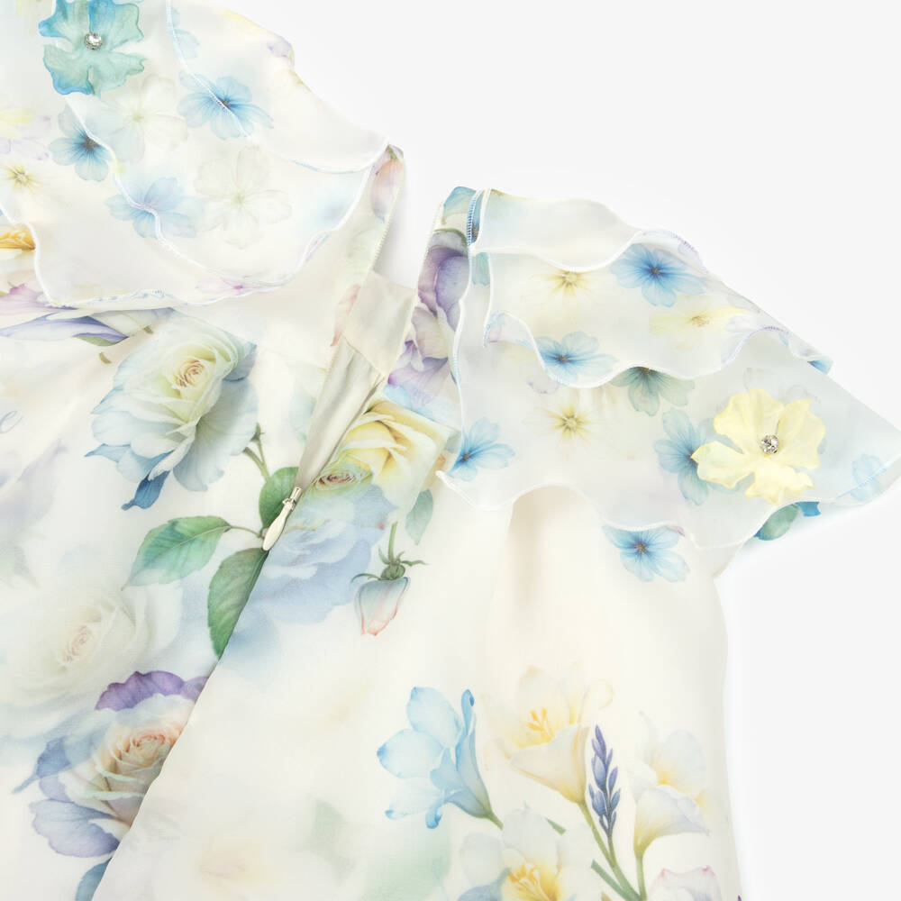 EIRENE-Girls Ivory & Blue Floral Print Organza Dress | Childrensalon Outlet