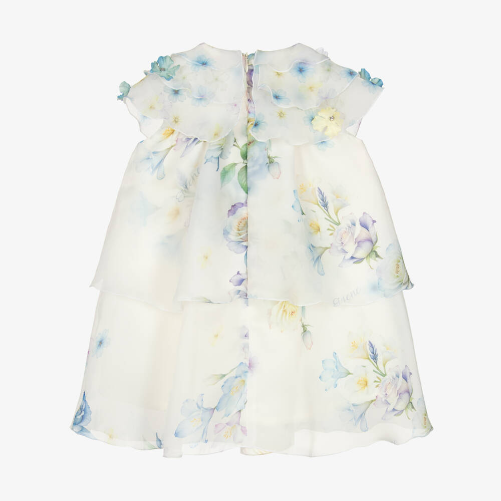 EIRENE-Girls Ivory & Blue Floral Print Organza Dress | Childrensalon Outlet