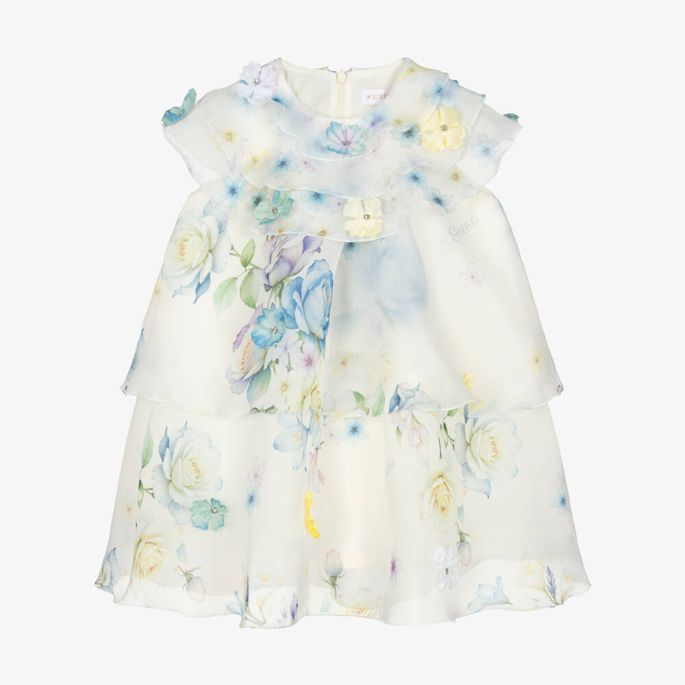 EIRENE-Girls Ivory & Blue Floral Print Organza Dress | Childrensalon Outlet