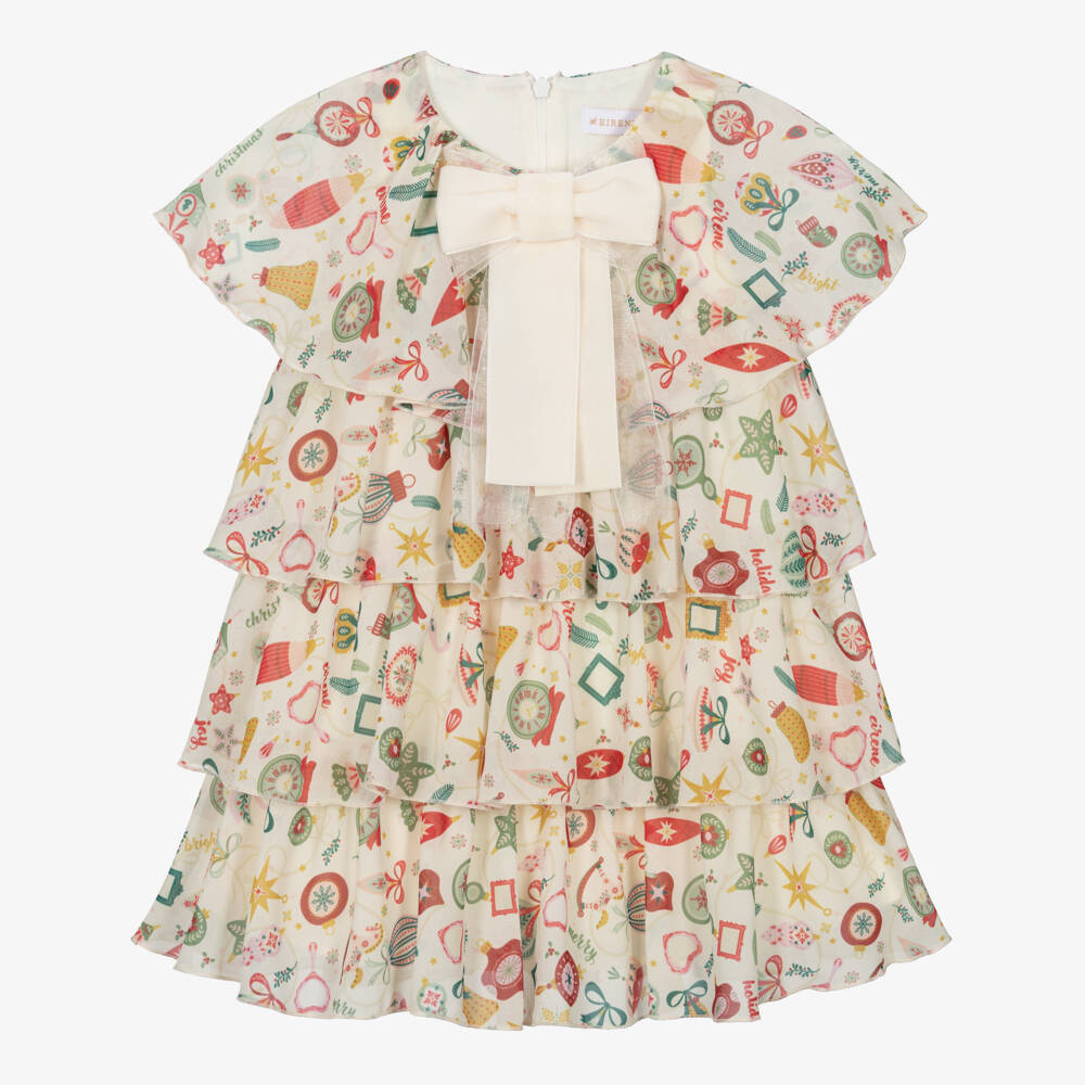 EIRENE-Girls Ivory Chiffon Bauble Print Tiered Dress | Childrensalon Outlet