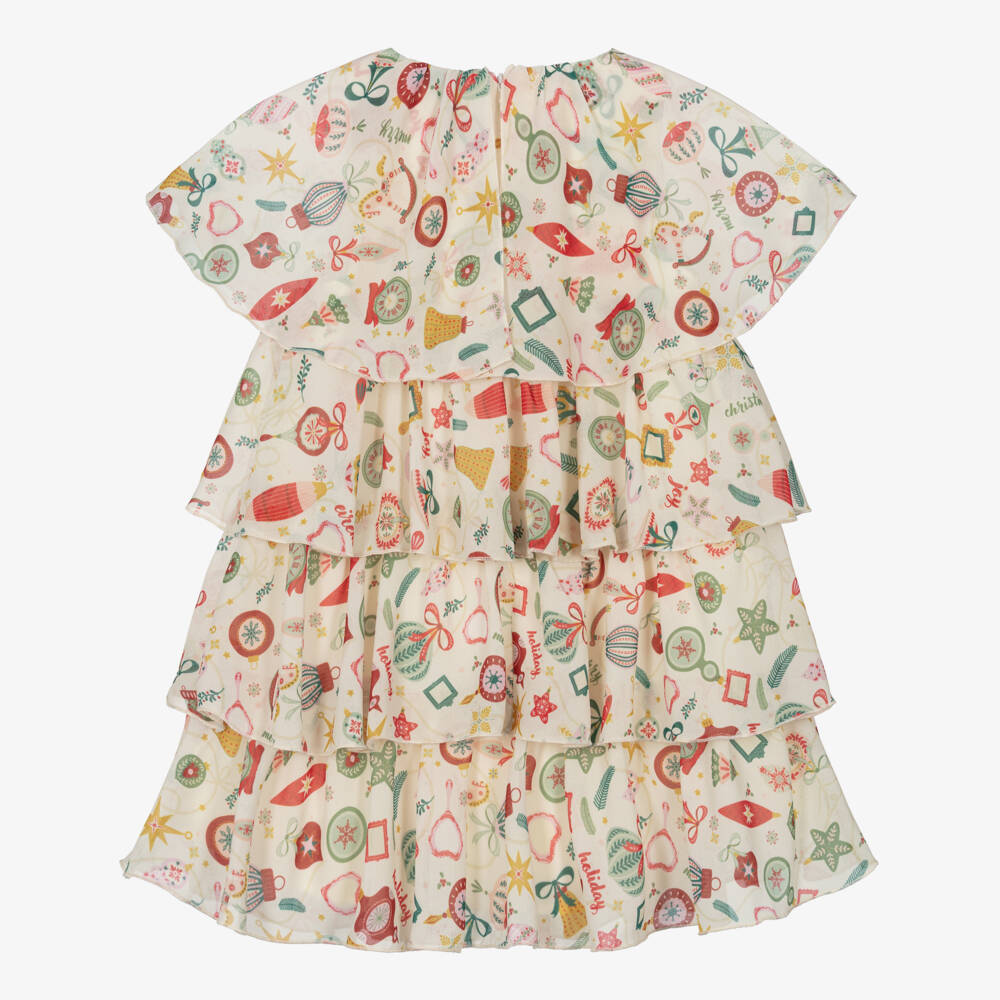 EIRENE-Girls Ivory Chiffon Bauble Print Tiered Dress | Childrensalon Outlet