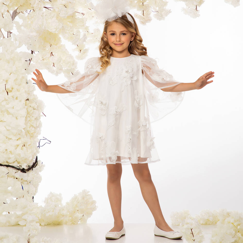 EIRENE-Girls Ivory Chiffon Blossom Gown | Childrensalon Outlet