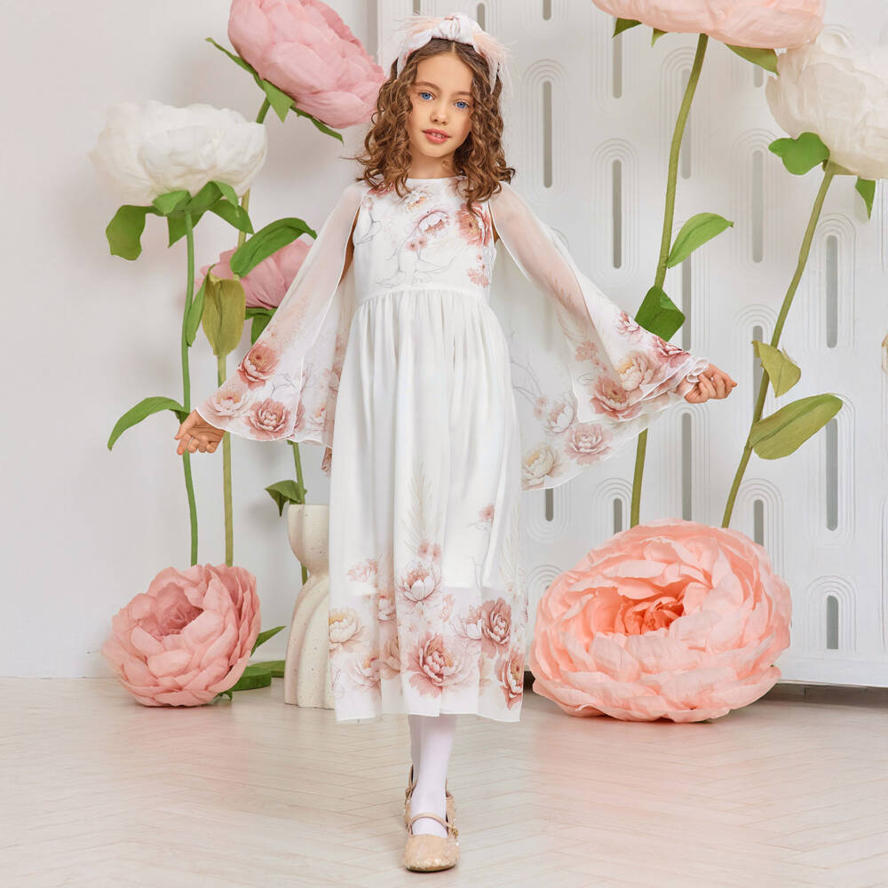 EIRENE-فستان ماكسي شيفون عاجي مزين بالورود للبنات | Childrensalon Outlet