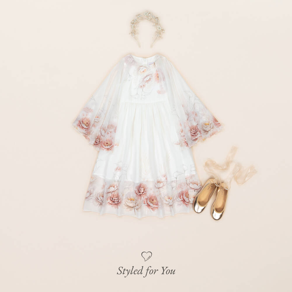 EIRENE-فستان ماكسي شيفون عاجي مزين بالورود للبنات | Childrensalon Outlet