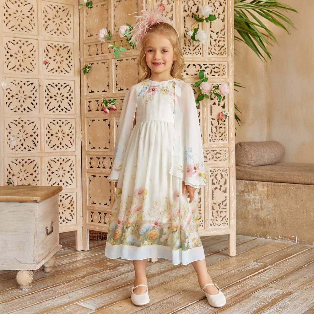 EIRENE-فستان ميدي أبيض مزين بالورود للبنات | Childrensalon Outlet