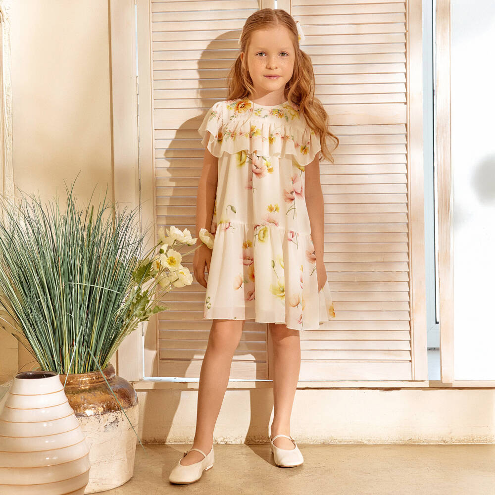 EIRENE-Girls Ivory Chiffon Floral Print Ruffle Dress | Childrensalon Outlet