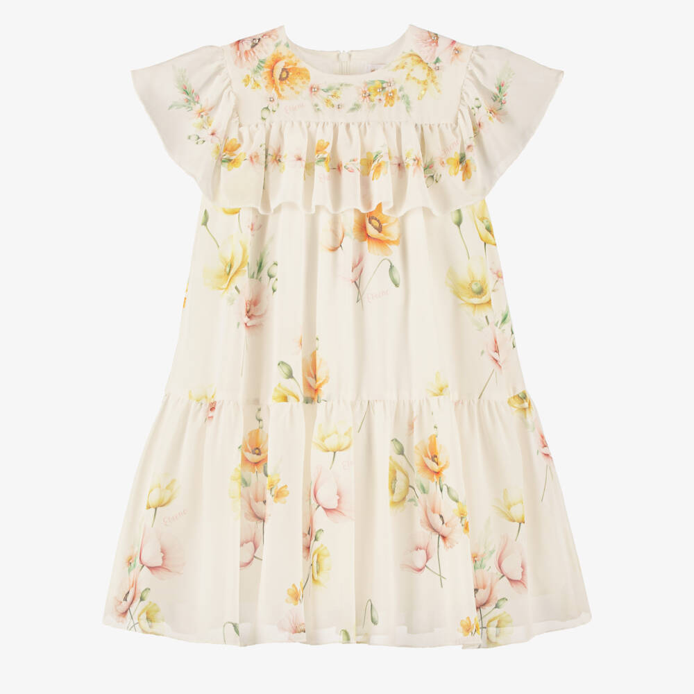 EIRENE-Girls Ivory Chiffon Floral Print Ruffle Dress | Childrensalon Outlet