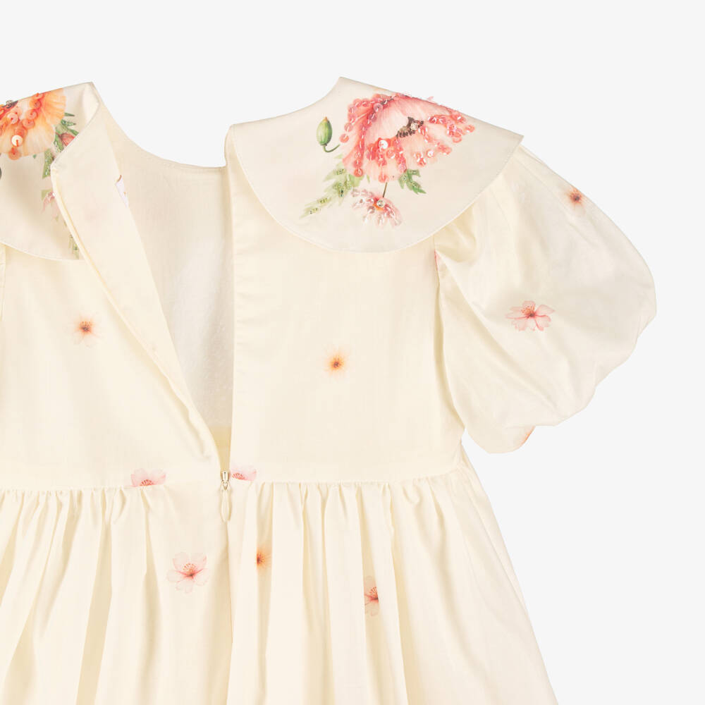 EIRENE-Girls Ivory Cotton Floral Print Dress | Childrensalon Outlet