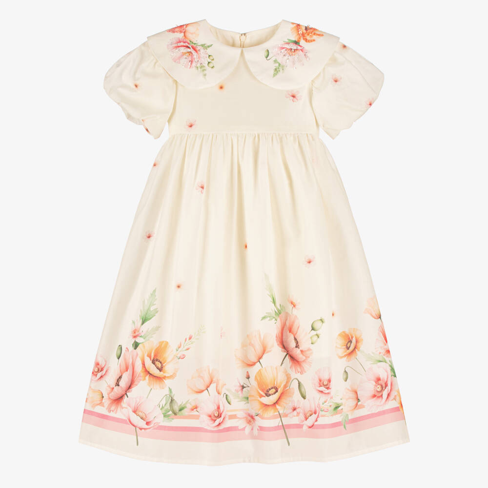 EIRENE-Girls Ivory Cotton Floral Print Dress | Childrensalon Outlet