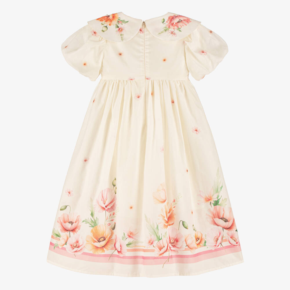 EIRENE-Girls Ivory Cotton Floral Print Dress | Childrensalon Outlet