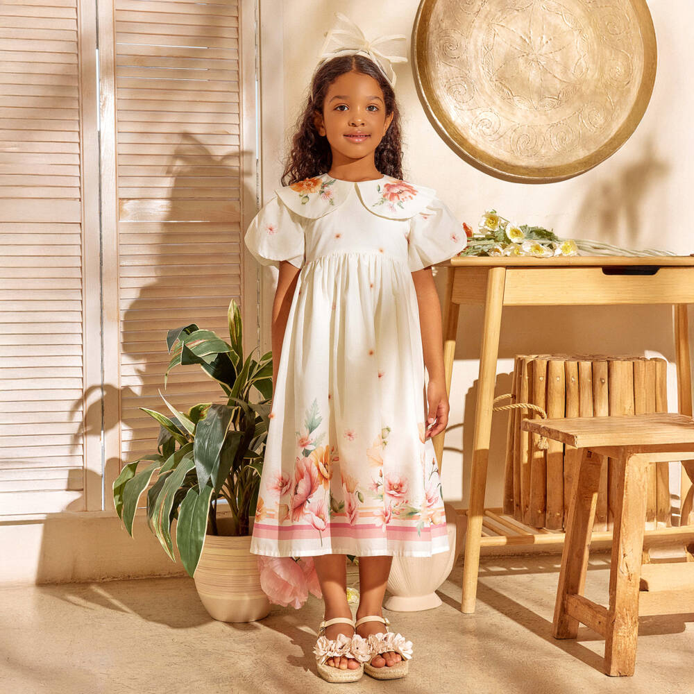 EIRENE-Girls Ivory Cotton Floral Print Dress | Childrensalon Outlet