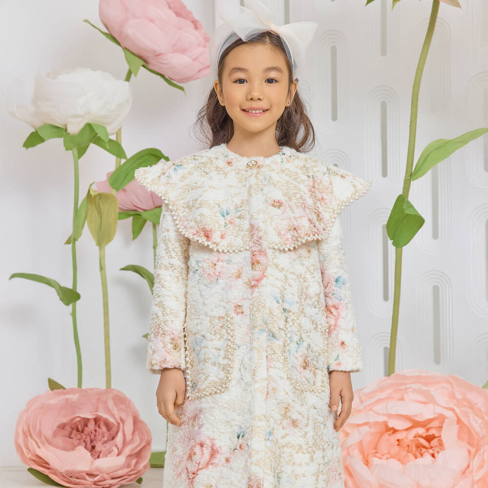 EIRENE-Girls Ivory Floral Cape Collar Coat | Childrensalon Outlet