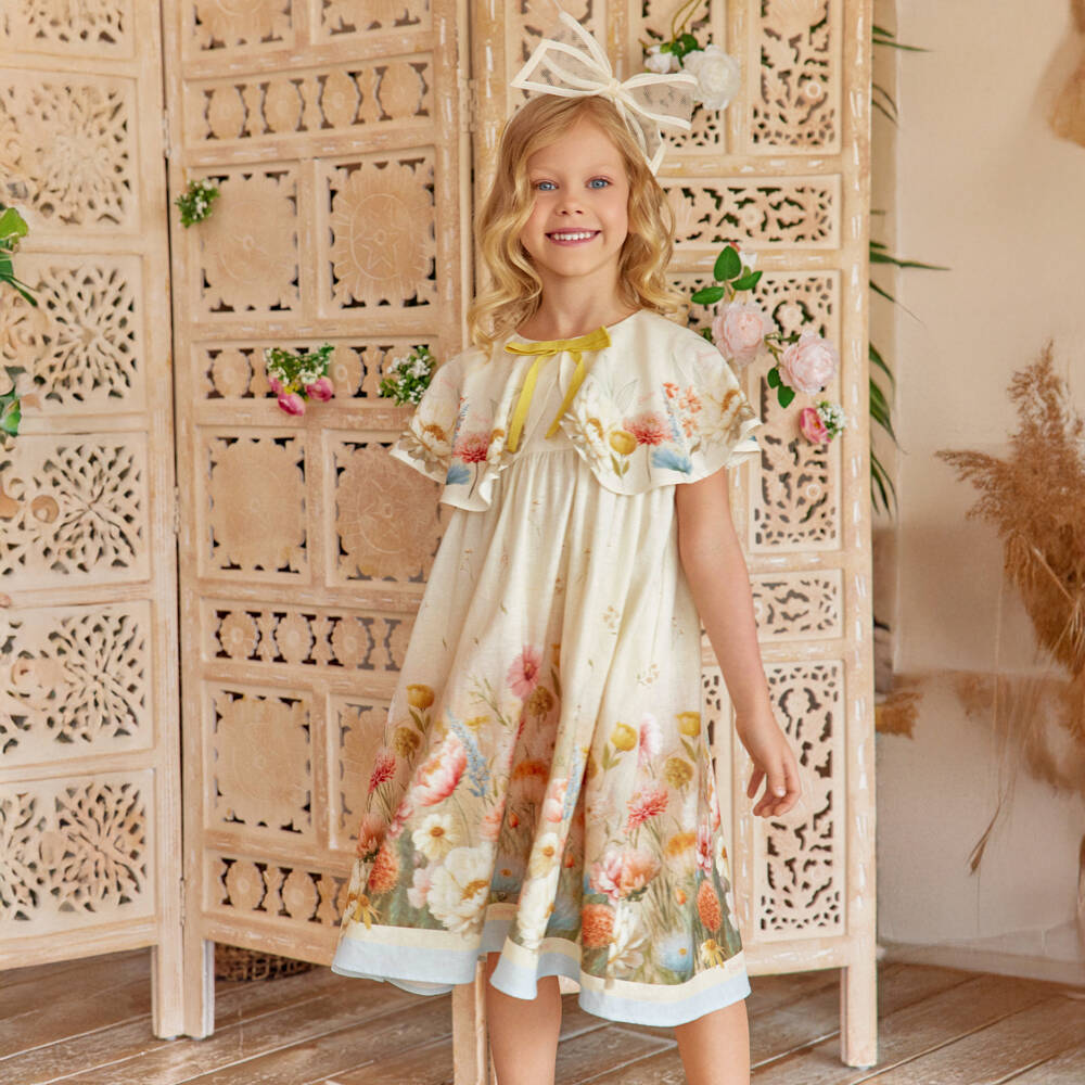 EIRENE-Girls Ivory Floral Cape Collar Dress | Childrensalon Outlet