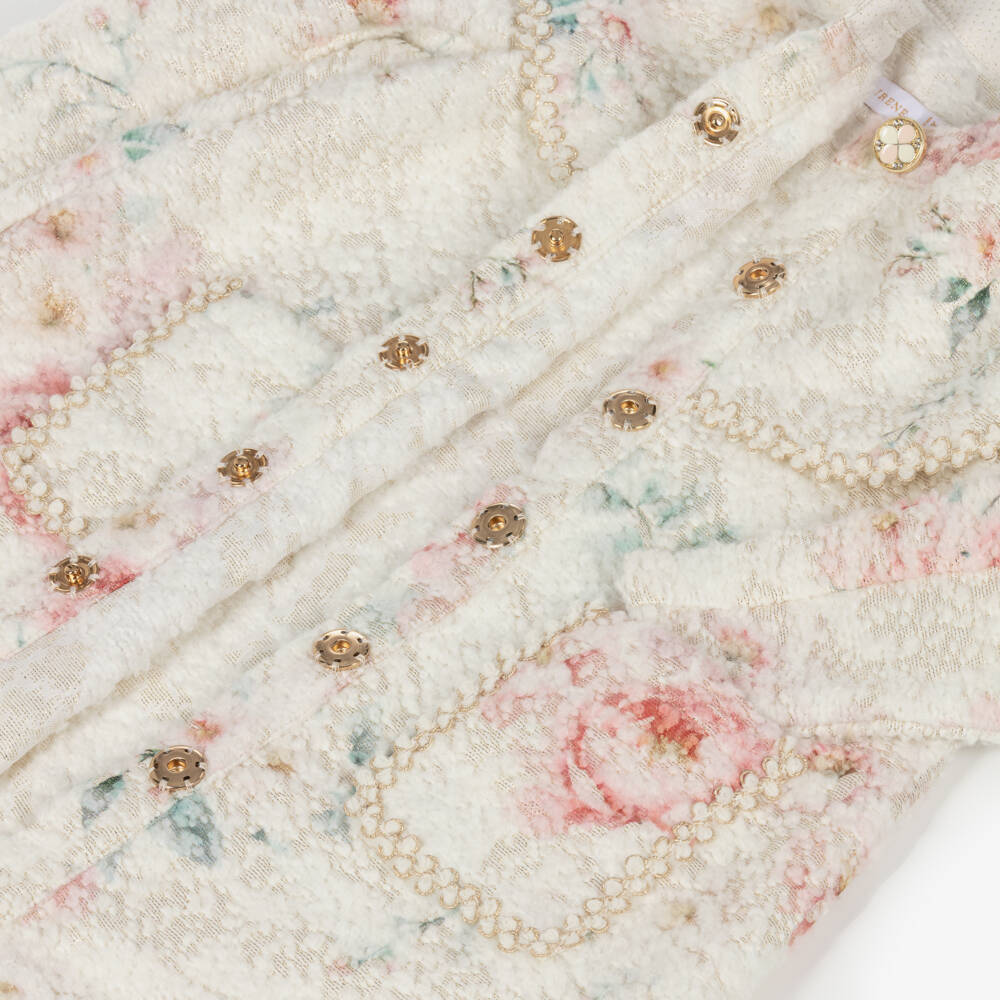EIRENE-Girls Ivory Floral Print Collarless Long Coat | Childrensalon Outlet
