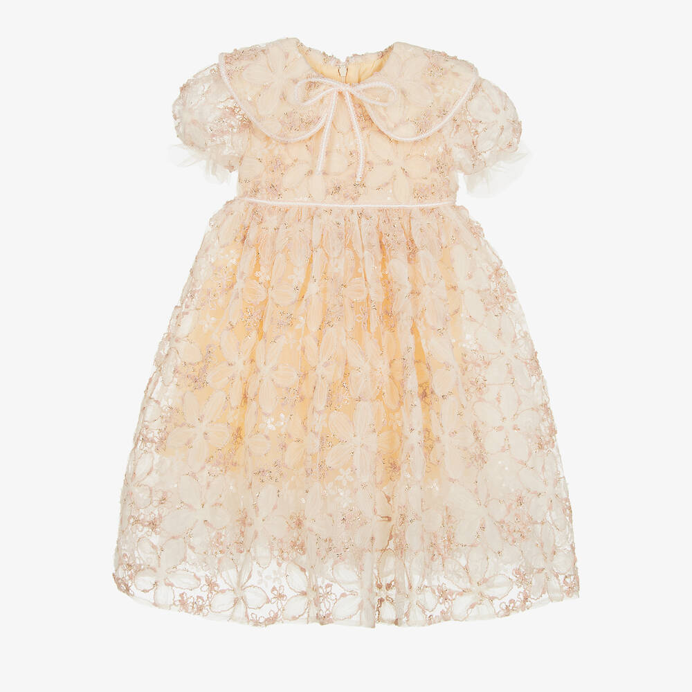 EIRENE - Кремовое платье из тюля с цветочным узором из пайеток | Childrensalon