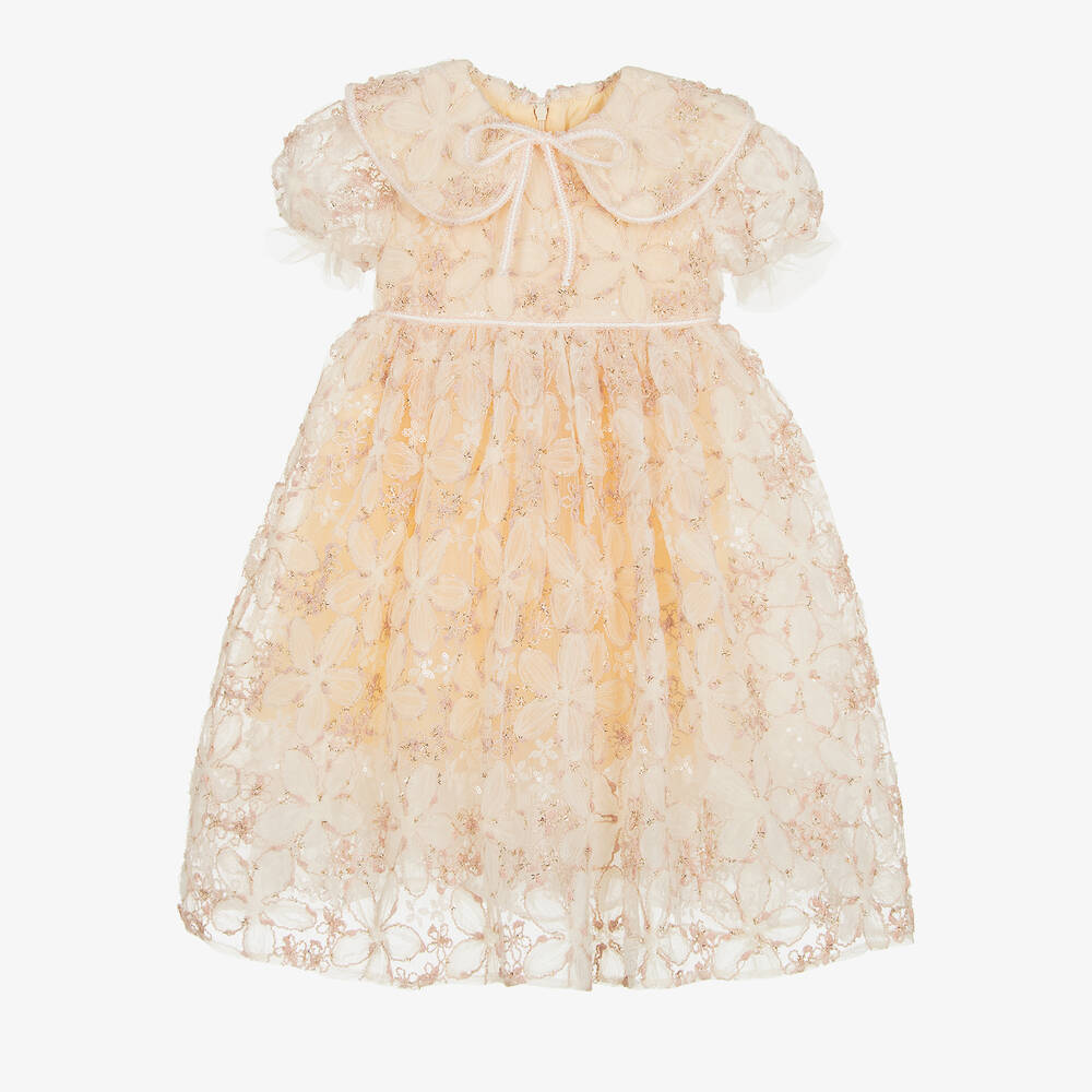 EIRENE - Girls Ivory Floral Sequinned Tulle Dress | Childrensalon