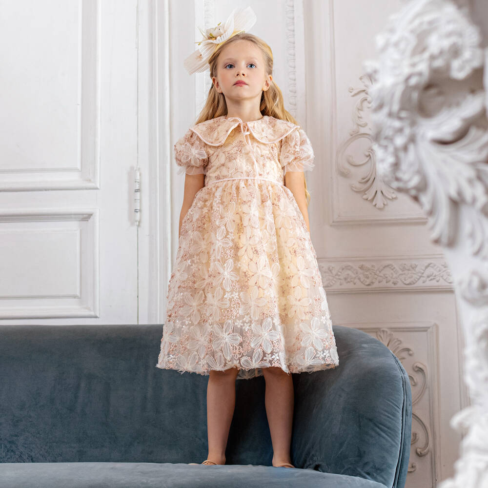 EIRENE-Girls Ivory Floral Sequinned Tulle Dress | Childrensalon Outlet