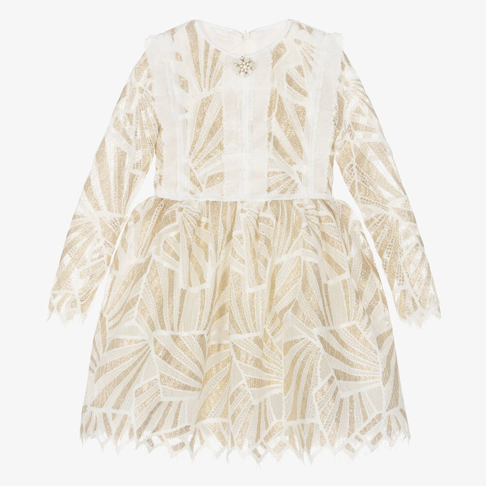 EIRENE - Girls Ivory & Gold Lace Dress | Childrensalon