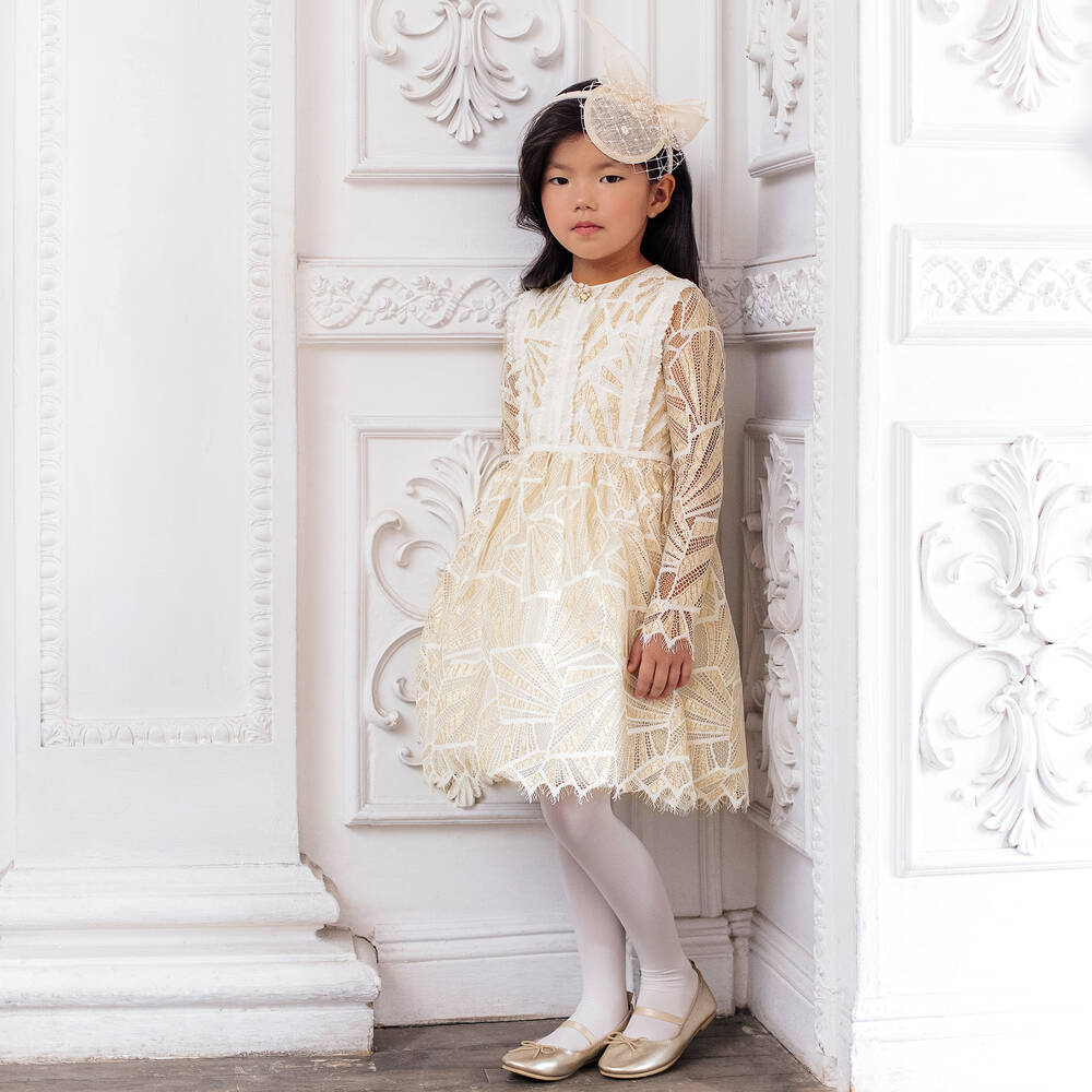 EIRENE-Girls Ivory & Gold Lace Dress | Childrensalon Outlet