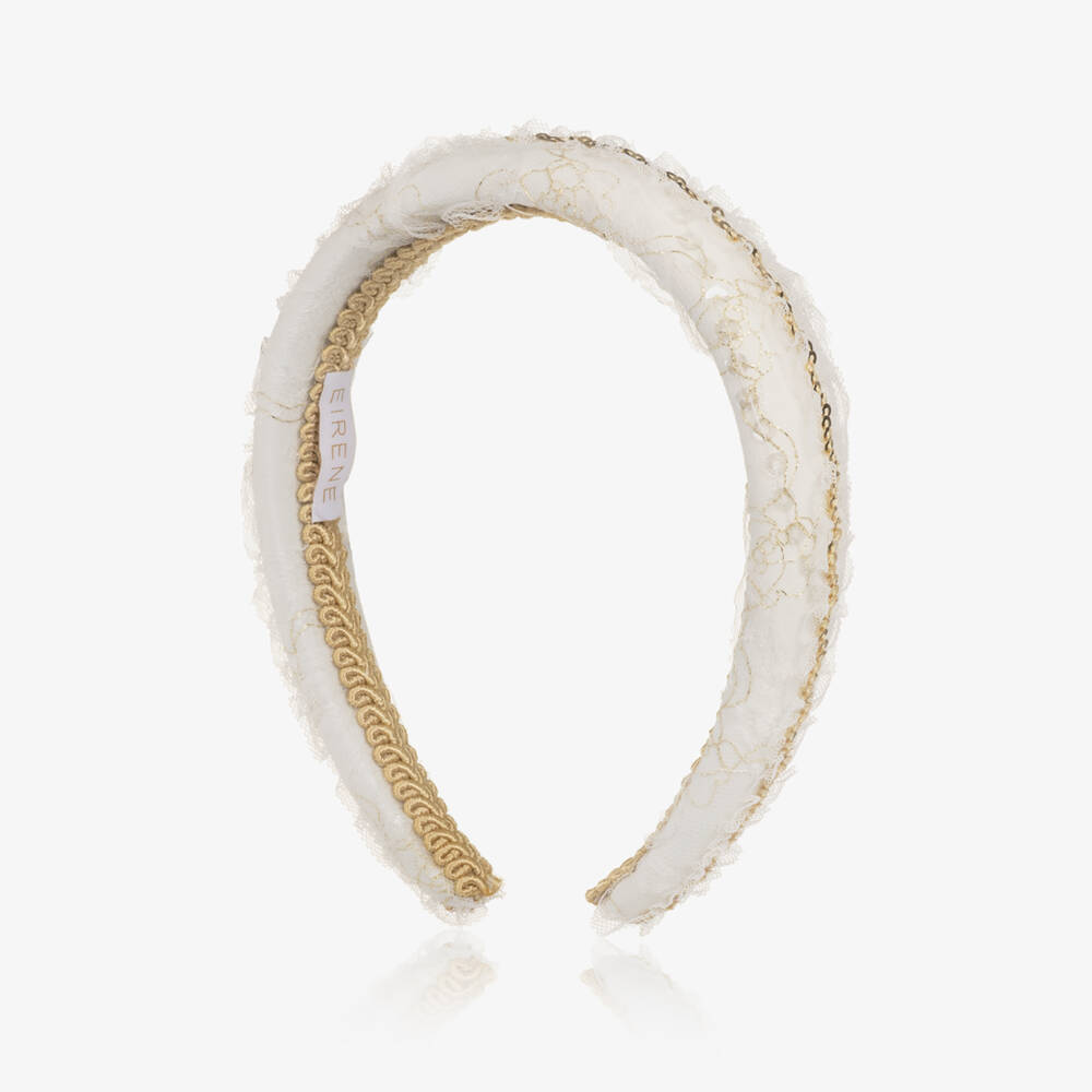EIRENE-Girls Ivory Lace Hairband with Gold Sequin Trim | Childrensalon Outlet