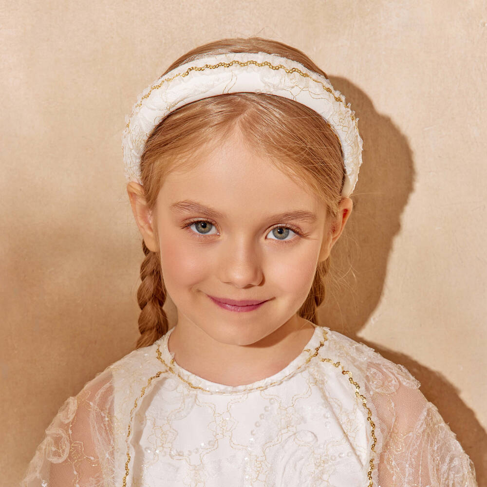 EIRENE-Girls Ivory Lace Hairband with Gold Sequin Trim | Childrensalon Outlet