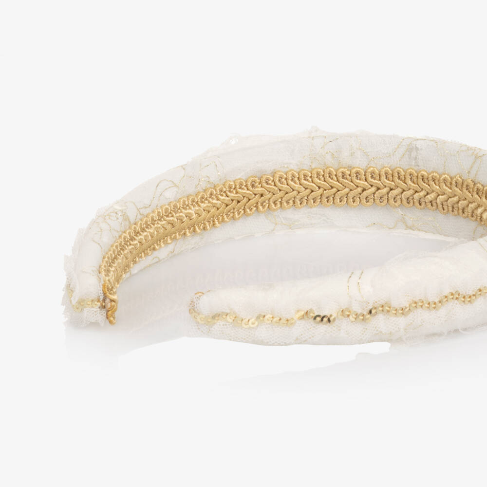 EIRENE-Girls Ivory Lace Hairband with Gold Sequin Trim | Childrensalon Outlet