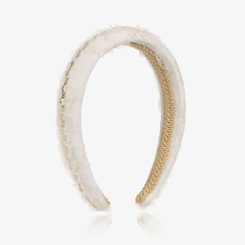 EIRENE-Girls Ivory Lace Hairband with Gold Sequin Trim | Childrensalon Outlet