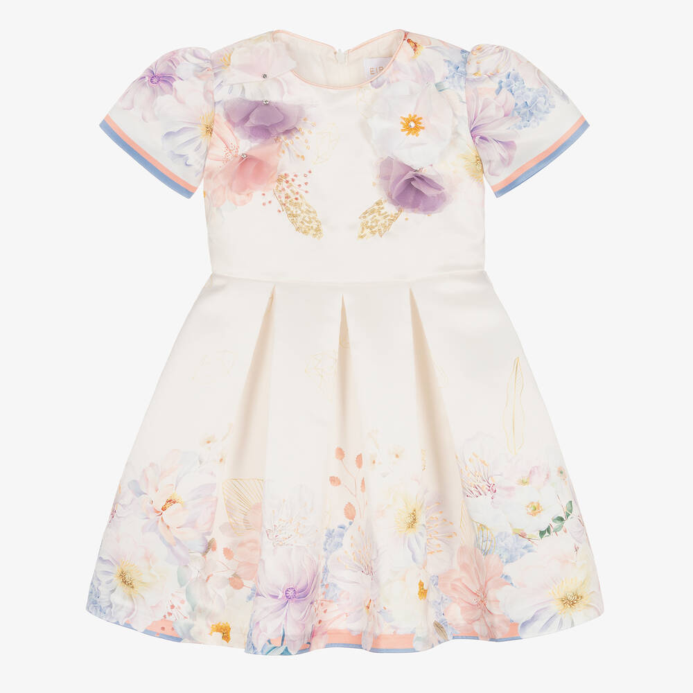 EIRENE-Girls Ivory Satin Floral Dress | Childrensalon Outlet