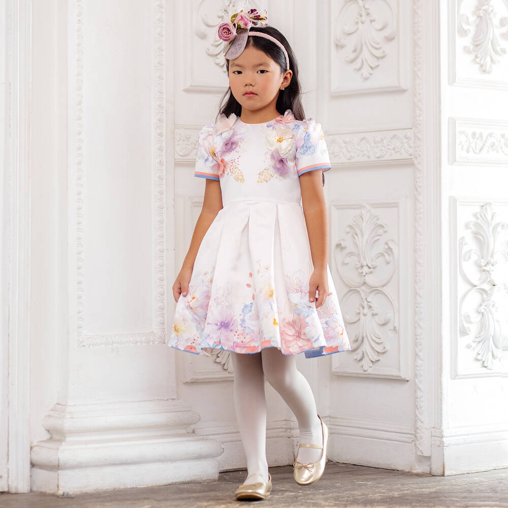 EIRENE-Girls Ivory Satin Floral Dress | Childrensalon Outlet