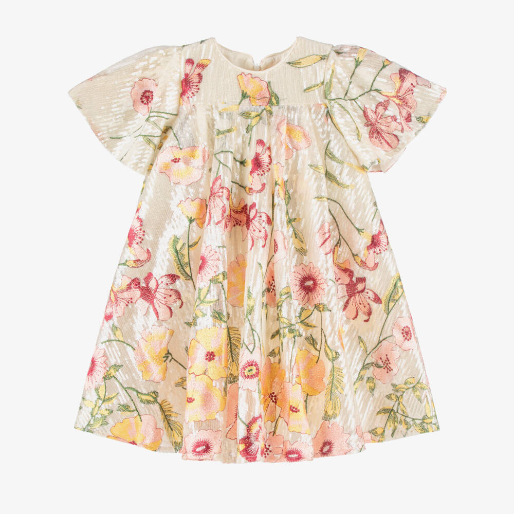 EIRENE-Girls Ivory Sequin Dress with Floral Embroidery | Childrensalon Outlet