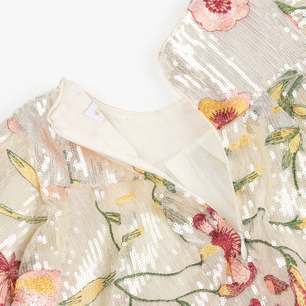 EIRENE-Girls Ivory Sequin Dress with Floral Embroidery | Childrensalon Outlet